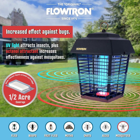 Powerful Outdoor Bug Zapper For Half Acre Yards With Dual Lure Method, 15W UV Light And Octenol Attractant, 5600V Kill Grid in garden setting.