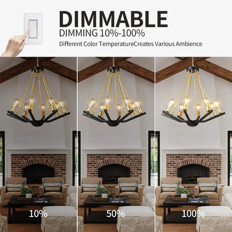 Black Gold 6 Light Farmhouse Chandelier For Dining Room Kitchen Island And Foyer Dope Industrial Iron Lighting Fixture with dimming feature in living room setting.