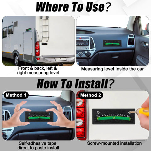 Beast Grade Rv Bubble Leveling Kit With Four Black Abs Self Adhesive Gauges Featuring High Visibility Green Fluid And No Fuss Negative Seven To Positive Seven Degree Scales For Road Ready Camper Trailer Snap Wall Setup