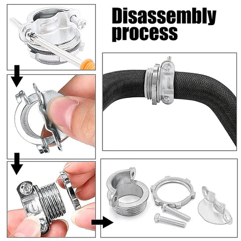 Disassembly process of 24 Pack One Half Inch Clamp Type Cable Connectors for Metallic Conduit Silver Zinc Durable Easy Install.