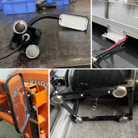 MUTUACTOR 2-pack neodymium magnets with rubber covers and 1/4-20 studs; shown with LED panel and mounted on frame.