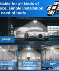 Plug-In Garage LED Lights 2 Pack, 180W 18000 Lumens 6500K Daylight, E26/E27 Base illuminating a car in a garage