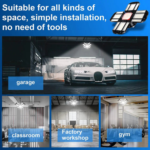 Plug-In Garage LED Lights 2 Pack, 180W 18000 Lumens 6500K Daylight, E26/E27 Base illuminating a car in a garage