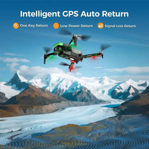 GPS Drones With EIS 4K Camera For Adults And Kids, floating over a snowy mountain landscape showcasing auto return feature.