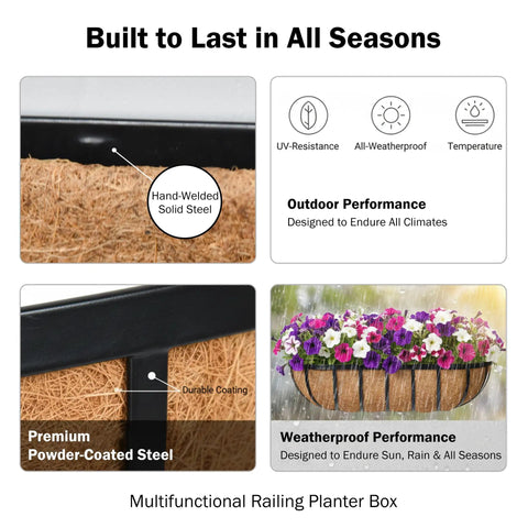 Big Time 24 Inch Window Box Railing Planter With Rock Solid Metal Build And Real Coco Coir Liner features UV-resistant materials.