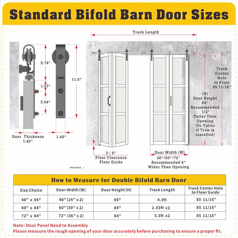 Standard bifold barn door sizes diagram showing dimensions for 48 By 84 Inches featuring tempered frosted glass panels.