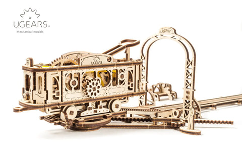 Hands-On Mechanical Tram Line Wooden Model Kit From Town Series, 3D Puzzle Assembly With Realistic Details, Laser-Cut Plywood Build For DIYers, Great Gift For Techies And Craft Fans. Wooden tram model with gears and track