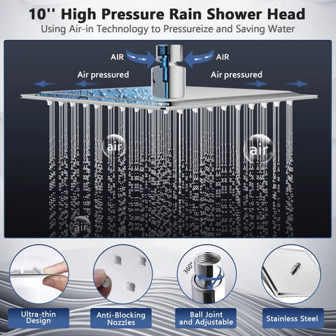 High Pressure Rain Shower Head 10 Inch With Handheld Combo showing stainless steel nozzles and air-in technology features