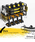 Two Pack Power Tool Organizer Wall Mount With Three Layer Storage And Eight Drill Holders, Beefy Heavy Duty Metal Rack That Holds Up To 130Lb, Perfect Garage Or Workbench Setup, Easy Snap In Assembly For Quick Access on wall with tools displayed.