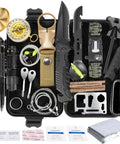35 In 1 Survival Kit With First Aid Essentials inside open black case, showing tools including knife, flashlight, and compass.
