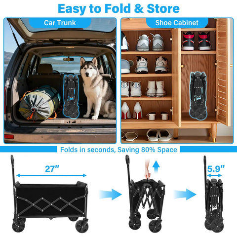 Foldable Collapsible Wagon Cart With Wheels That Holds Up To 360 Lbs Ready To Roll shown folding for easy storage in car trunk and cabinet