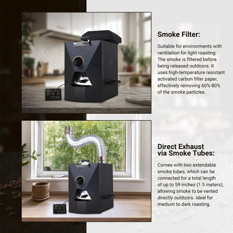 Roll With This Dope Electric Coffee Bean Roaster Bringing You 500g Capacity Smokeless Operation with smoke filter and exhaust tubes.