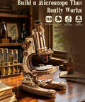 One To One Scale Wooden Puzzle Microscope Kit With 40X To 400X Magnification, buildable 3D wooden microscope on desk