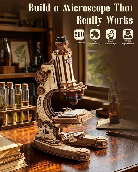 One To One Scale Wooden Puzzle Microscope Kit With 40X To 400X Magnification, buildable 3D wooden microscope on desk