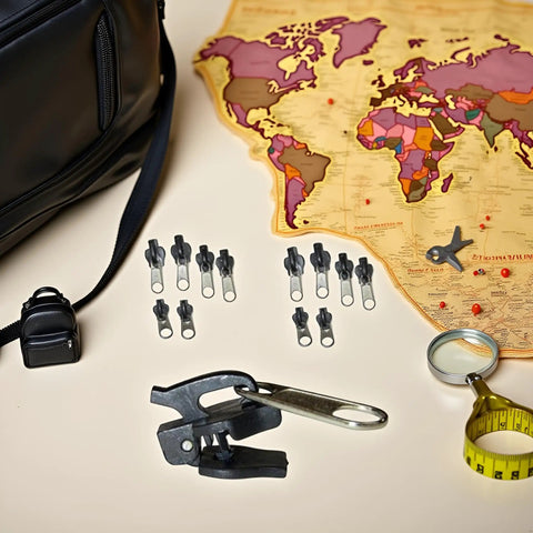 Grab This All In One Zipper Repair Kit 12 Piece Black Slider Replacement Set In 3 Sizes For Jackets Backpacks Luggage And Travel Gear Quick Fix Zipper Sliders Rescue shown with map and travel items