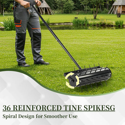 Man using Rolling Lawn Aerator With T Shaped Handle 17 Inch Width 36 Reinforced Steel Spikes For Deep Soil Penetration