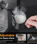 Close-up of adjustable pro steam wand on Professional 20 Bar Espresso Coffee Machine With Snappy Led Touchscreen Brewing Dope Barista Style Lattes And Rich Cappuccinos Straight Up No Hassle At Home.