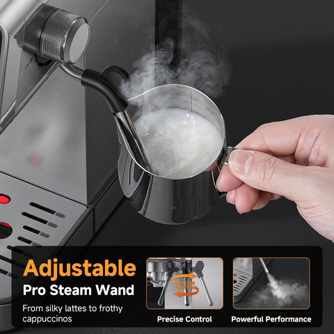 Close-up of adjustable pro steam wand on Professional 20 Bar Espresso Coffee Machine With Snappy Led Touchscreen Brewing Dope Barista Style Lattes And Rich Cappuccinos Straight Up No Hassle At Home.