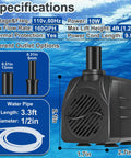 Specifications of Compact Submersible Pump 160 GPH 120V 10W with 9.9 ft power cord, 4 ft lift, and adjustable flow.