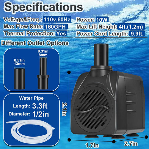 Specifications of Compact Submersible Pump 160 GPH 120V 10W with 9.9 ft power cord, 4 ft lift, and adjustable flow.