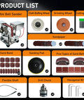 Product list for Slick Mini Belt Sander 110V includes various wheels, sandpaper, flexible shaft, drill chuck, and accessories.