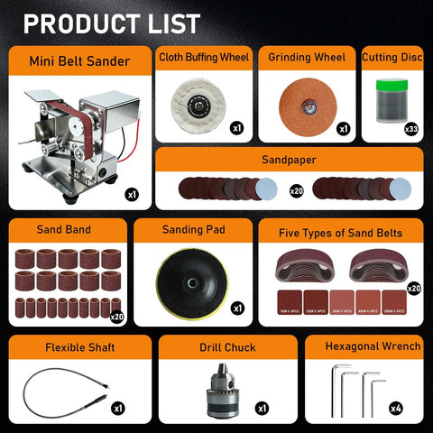 Product list for Slick Mini Belt Sander 110V includes various wheels, sandpaper, flexible shaft, drill chuck, and accessories.