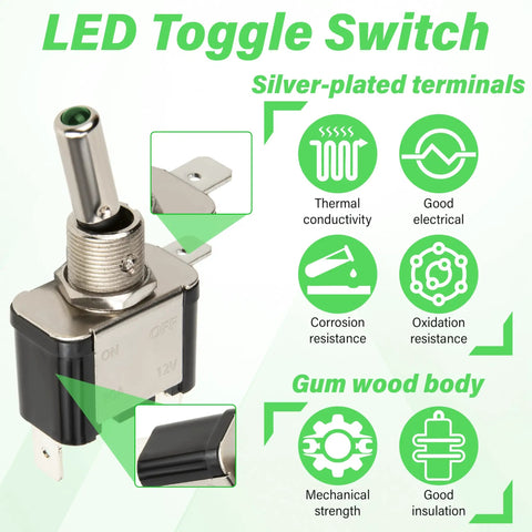 LED Lighted Rocker Toggle Switch Set 12V SPST 3 Pin On Off, 3 Piece Pack With Silver Plated Terminals And Sturdy Wood Body, Built Tough For Auto Marine And DIY Electronics Projects. 12V metal toggle switch with gum wood body and silver-plated terminals