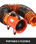 25 Foot PVC Flexible HVAC Duct Hose for 10 Inch Exhaust Fans connected to an orange exhaust fan showing portability and flexibility.