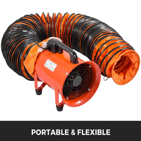 25 Foot PVC Flexible HVAC Duct Hose for 10 Inch Exhaust Fans connected to an orange exhaust fan showing portability and flexibility.