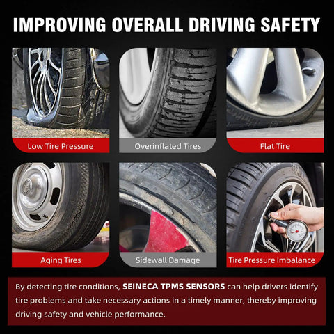 Image showing different tire issues including low tire pressure, overinflated tires, flat tire, aging tires, sidewall damage, and tire pressure imbalance.