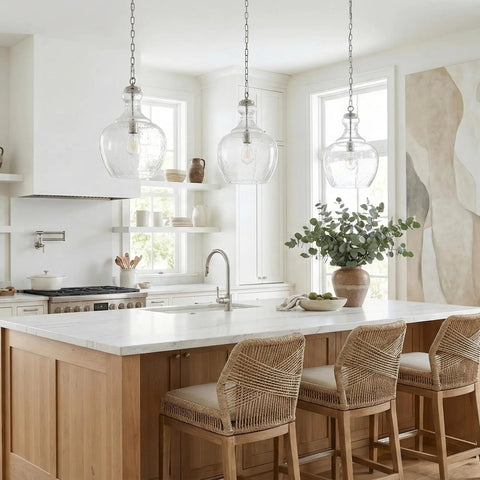 Kitchen with 7 Inch Wide Pendant Light With Clear Glass Shade In Brushed Brass Seeded Finish Flush Mount Ceiling Fixture