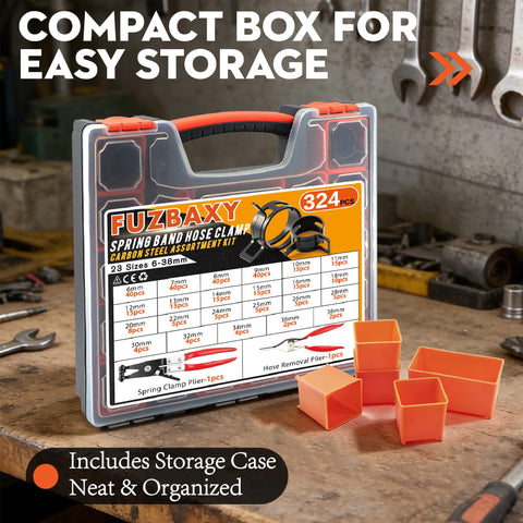 324 Piece Spring Hose Clamp Kit With 6-38mm Range And 2 Pliers displayed in compact storage case on workbench