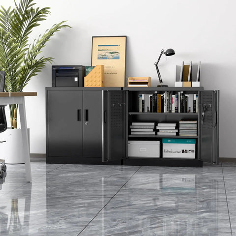 Sturdy Metal Garage Storage Cabinet With Pegboard Doors, Lockable Dual Doors, two adjustable shelves
