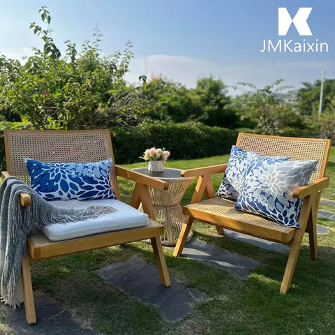 Set Of 2 Waterproof Outdoor Throw Pillows With Inserts, 18x18 Inch Square Cushions on patio chairs in garden setting