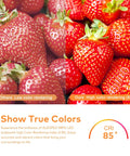 Comparison of strawberries under low and high color rendering, showcasing vibrant colors with Dimmer Friendly MR16 LED Bulbs, 5W, 50W Equivalent, 2700K Warm White, GU5.3 Base, 40 Degree Beam, 12V AC DC, No Flicker, Indoor Outdoor Landscape Track Lighting Lamps, Go-To Energy Saving Spotlight Lamps, 6 Pack.