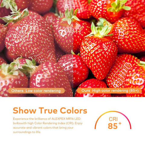 Comparison of strawberries under low and high color rendering, showcasing vibrant colors with Dimmer Friendly MR16 LED Bulbs, 5W, 50W Equivalent, 2700K Warm White, GU5.3 Base, 40 Degree Beam, 12V AC DC, No Flicker, Indoor Outdoor Landscape Track Lighting Lamps, Go-To Energy Saving Spotlight Lamps, 6 Pack.