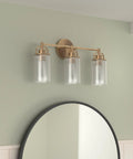 Lit 3 Light Champagne Bronze Vanity Light With Clear Glass Shades For Bathroom Wall Mount Over Mirror, E26 Base Compatible, Dimmable Fixture