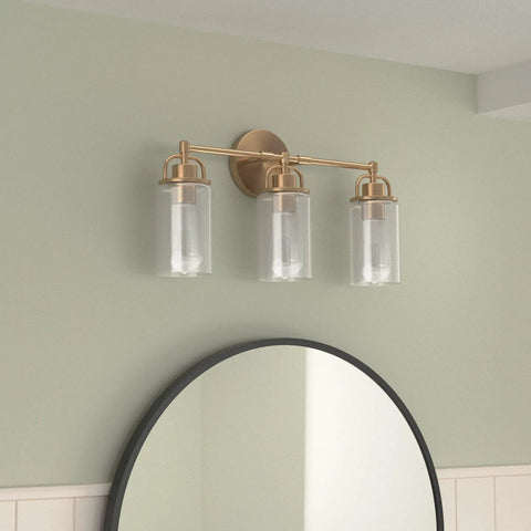 Lit 3 Light Champagne Bronze Vanity Light With Clear Glass Shades For Bathroom Wall Mount Over Mirror, E26 Base Compatible, Dimmable Fixture
