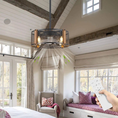Farmhouse Caged Ceiling Fan With Lights And Remote Control, 17 Inch Low Profile Rustic Wood Color in a cozy living room