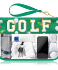 Clear PVC Golf Makeup Bag With Chenille Letter Patch For Her Crew Preppy Style Waterproof Travel Pouch Cosmetic Organizer Portable Toiletry Bag Storage Ready, showing contents like phone and keys.