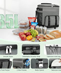 35L capacity rolling cooler bag displayed with snacks and drinks, featuring a 60 Can Rolling Cooler Bag With Wheels Leakproof Insulated Soft Cooler Ice Chest Portable Wheeled Cooler Collapsible Insulated Cooler For Beach Camping Patio Travel And All Terrain Outdoor Adventure.
