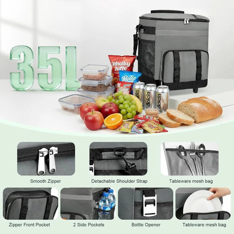 35L capacity rolling cooler bag displayed with snacks and drinks, featuring a 60 Can Rolling Cooler Bag With Wheels Leakproof Insulated Soft Cooler Ice Chest Portable Wheeled Cooler Collapsible Insulated Cooler For Beach Camping Patio Travel And All Terrain Outdoor Adventure.