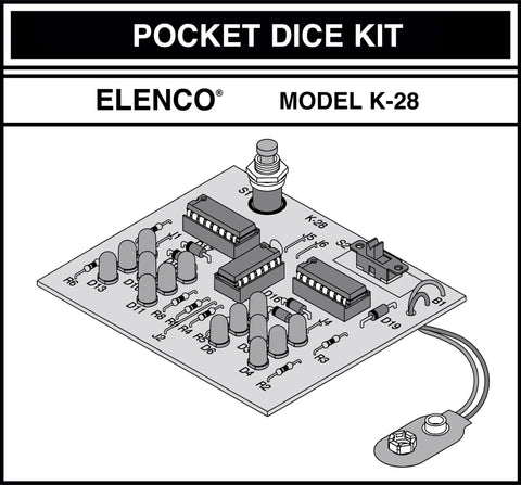 Electronic Dice Soldering Kit PCB layout with components, depicting the pocket-sized model K-28 for DIY assembly.