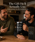 Bro Approved 20oz Stainless Steel Insulated Coffee Mug With Sweet Quote held by man, surrounded by friends and snacks.