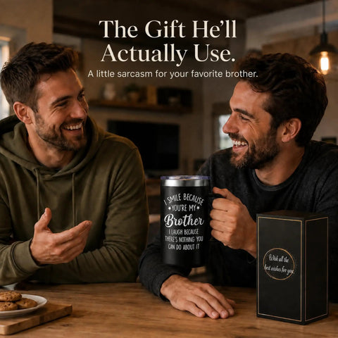 Bro Approved 20oz Stainless Steel Insulated Coffee Mug With Sweet Quote held by man, surrounded by friends and snacks.