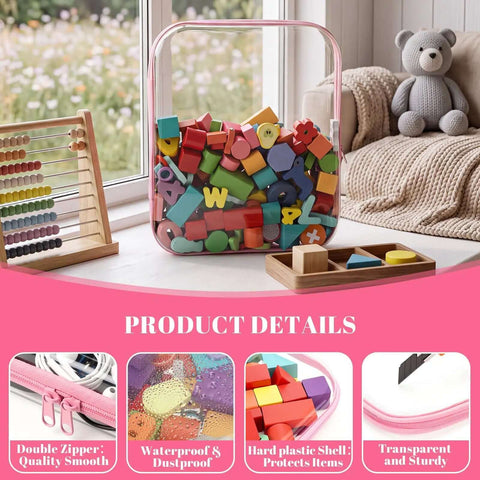 Top Shelf 12 Pack Clear Zipper Cases With 40 Label Stickers Stackable Travel Storage System Crush Resistant Pouches For Makeup Electronics Gear Pink Setup filled with colorful blocks.