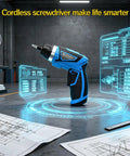 Heavy Duty 8V Cordless Electric Screwdriver Delivering 10 Nm Peak Torque And 11 Precision Speeds, displayed with blue accents in a workshop setting.