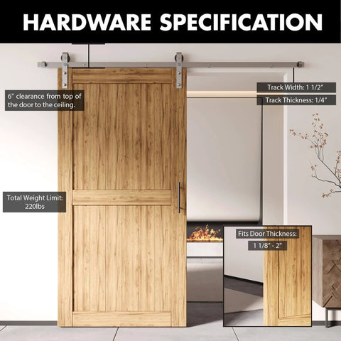 Brushed Nickel Non-Bypass Sliding Barn Door Hardware Kit For One Door, 7.5ft Flat Track System, Classic Roller Design, installed on wood door
