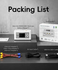 Packing list of Dual LiPo Charger For RC Fans With Bluetooth App Control, 16A AC 300W DC 700W, includes adapters and cables.