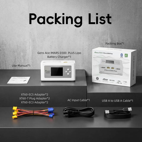 Packing list of Dual LiPo Charger For RC Fans With Bluetooth App Control, 16A AC 300W DC 700W, includes adapters and cables.